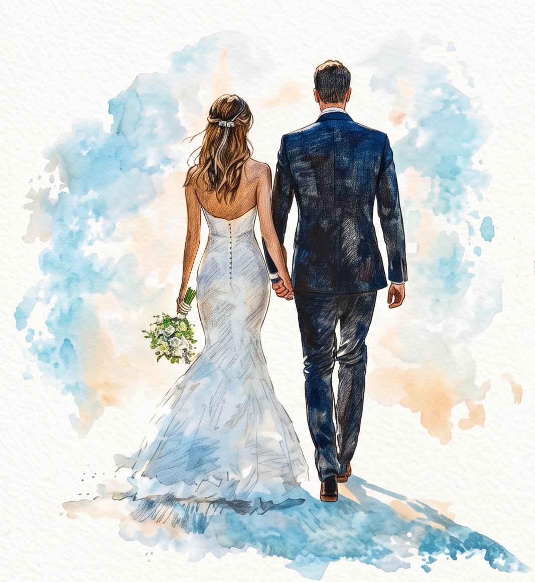 Couple walking hand-in-hand, bride in white mermaid dress, groom in navy suit
