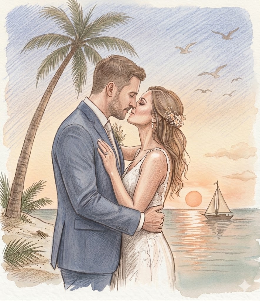Couple sharing a sunset kiss, groom in blue suit, bride in white dress