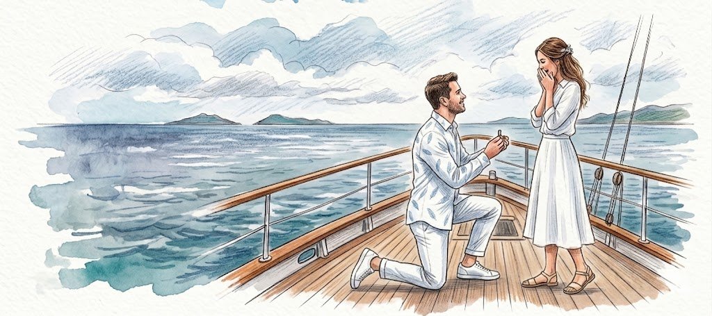 Groom kneeling in proposal on boat deck, both in white outfits